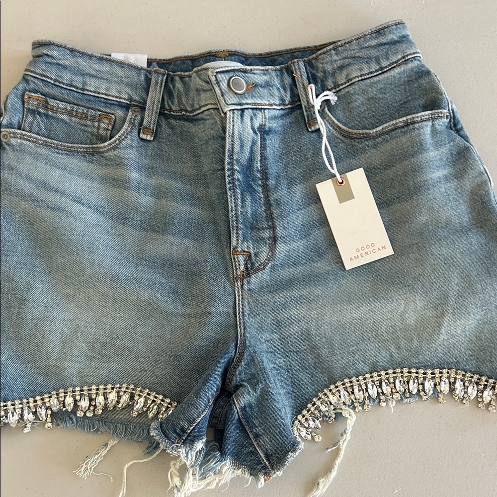 Good American Light Blue Denim Shorts with Crystal Fringe - Picture 2 of 4